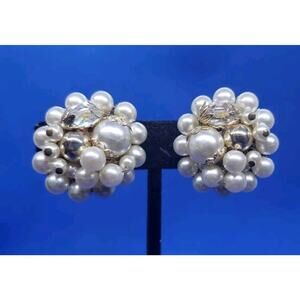 Vintage Clip Earrings Faux Pearl AB Glass Bead Head Pins 1950s Japan Pin Up